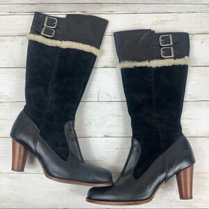 Ugg Raya Leather Suede Boots Buckle Black Heeled